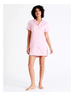 Chloe & Lola Monogram Jacquard Satin Short Sleeve Sleep Shirt In Pink/White -Chloe Sales Store 929427850 4 720x928