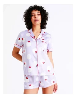 Chloe & Lola Novelty Satin Short Sleeve PJ Set In Lt Blue