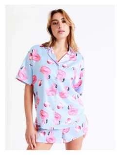 Chloe & Lola Novelty Satin Short Sleeve PJ Set In Blue