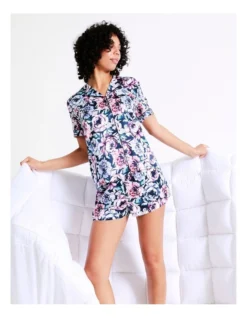 Chloe & Lola Flat Satin Short Sleeve PJ Set In Navy