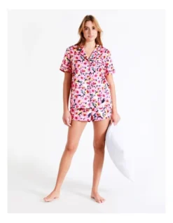 Chloe & Lola Satin Short Sleeve PJ Set In Pink