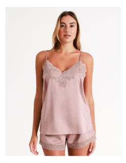 Chloe & Lola Satin Cami Lace Boxer Set In Dusty Pink