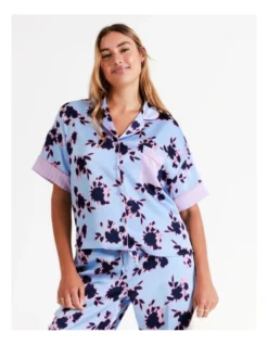 Chloe & Lola Andrea Recycled Satin Short Sleeve Shirt In Ink Floral