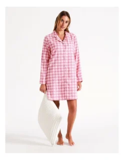 Chloe & Lola Selena Woven Cotton Nightshirt In Pink Houndstooth
