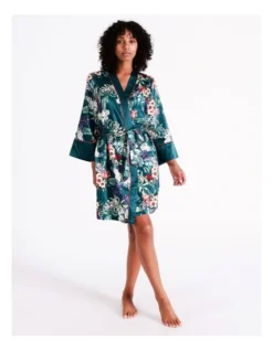 Chloe & Lola Botanical Gardens Recycled Satin Robe In Teal Botanical