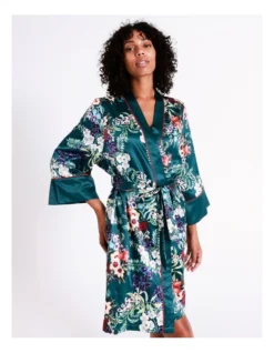 Chloe & Lola Botanical Gardens Recycled Satin Robe In Teal Botanical -Chloe Sales Store 976499110 7 720x928
